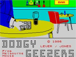 Title screen of Dodgy Geezers on the Sinclair ZX Spectrum.
