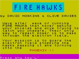 Title screen of Fire Hawks on the Sinclair ZX Spectrum.