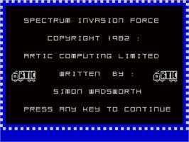 Title screen of Invasion Force (Artic Software) on the Sinclair ZX Spectrum.