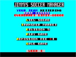 Title screen of Jimmy's Soccer Manager on the Sinclair ZX Spectrum.
