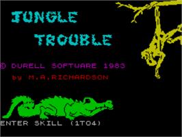 Title screen of Jungle Trouble on the Sinclair ZX Spectrum.