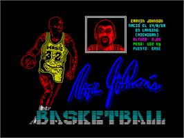 Title screen of Magic Johnson's Basketball on the Sinclair ZX Spectrum.