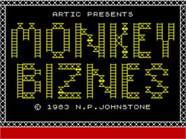 Title screen of Monkey Bizness on the Sinclair ZX Spectrum.