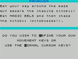 Title screen of Pakacuda on the Sinclair ZX Spectrum.
