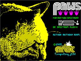 Title screen of Paws on the Sinclair ZX Spectrum.