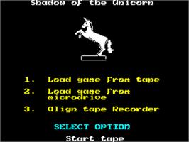 Title screen of Shadow Of The Unicorn on the Sinclair ZX Spectrum.