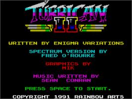 Title screen of Turrican 2 - The Final Fight on the Sinclair ZX Spectrum.