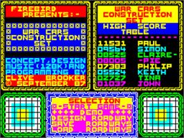 Title screen of War Cars Construction Set on the Sinclair ZX Spectrum.