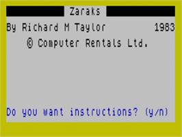 Title screen of Zaraks on the Sinclair ZX Spectrum.