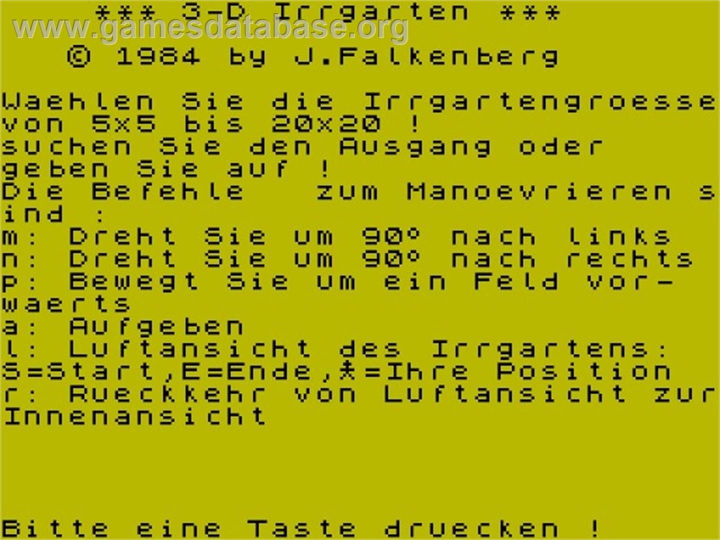 3d Irrgarten - Sinclair ZX Spectrum - Artwork - Title Screen
