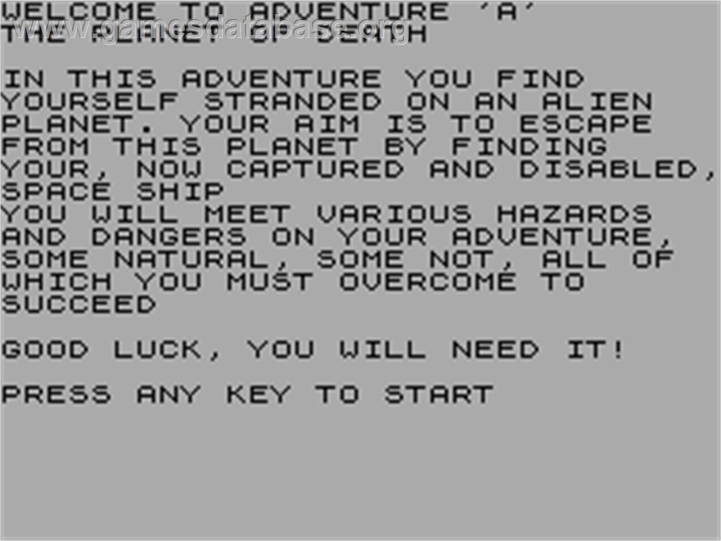 Adventure A: Planet of Death - Sinclair ZX Spectrum - Artwork - Title Screen