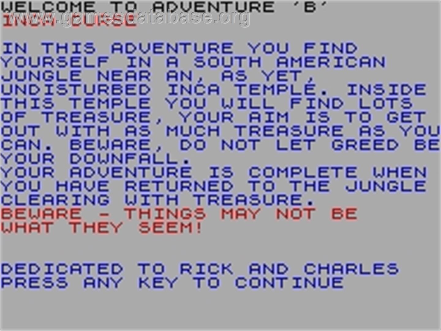 Adventure B: Inca Curse - Sinclair ZX Spectrum - Artwork - Title Screen