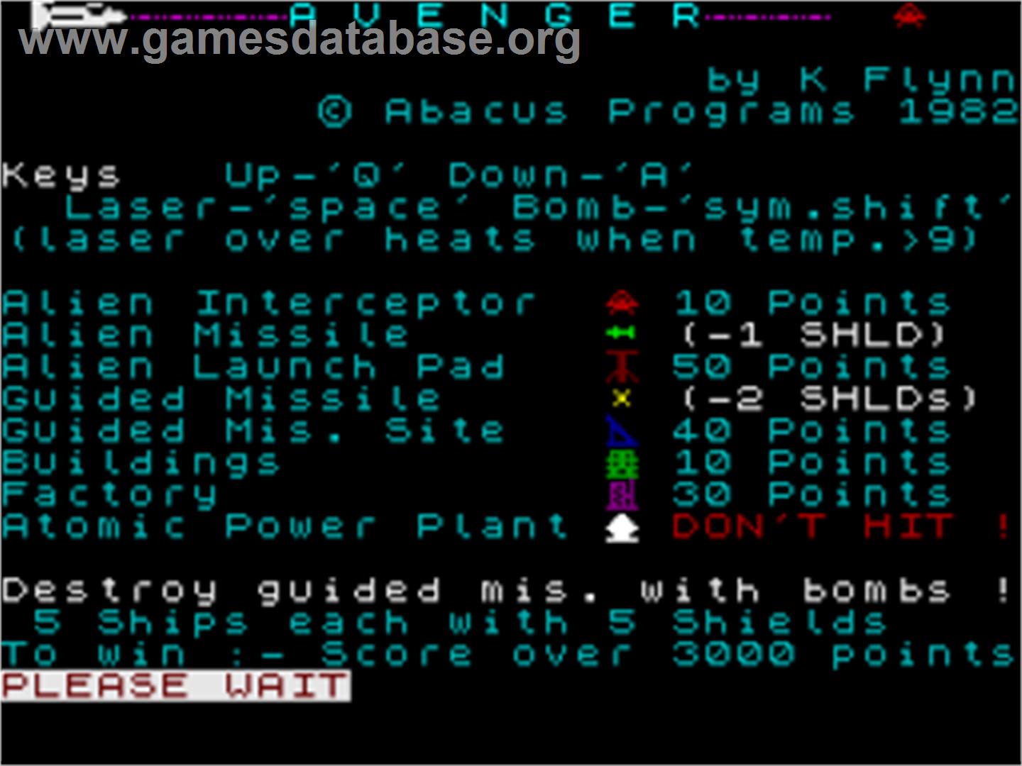 Avenger (Abacus Programs) - Sinclair ZX Spectrum - Artwork - Title Screen