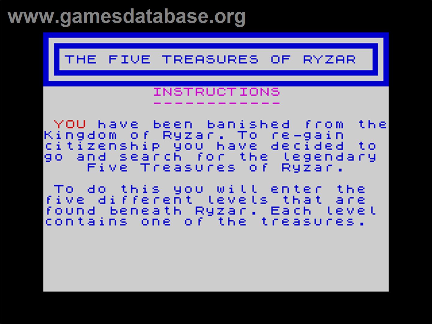 Five Treasures Of Ryzar, The - Sinclair ZX Spectrum - Artwork - Title Screen