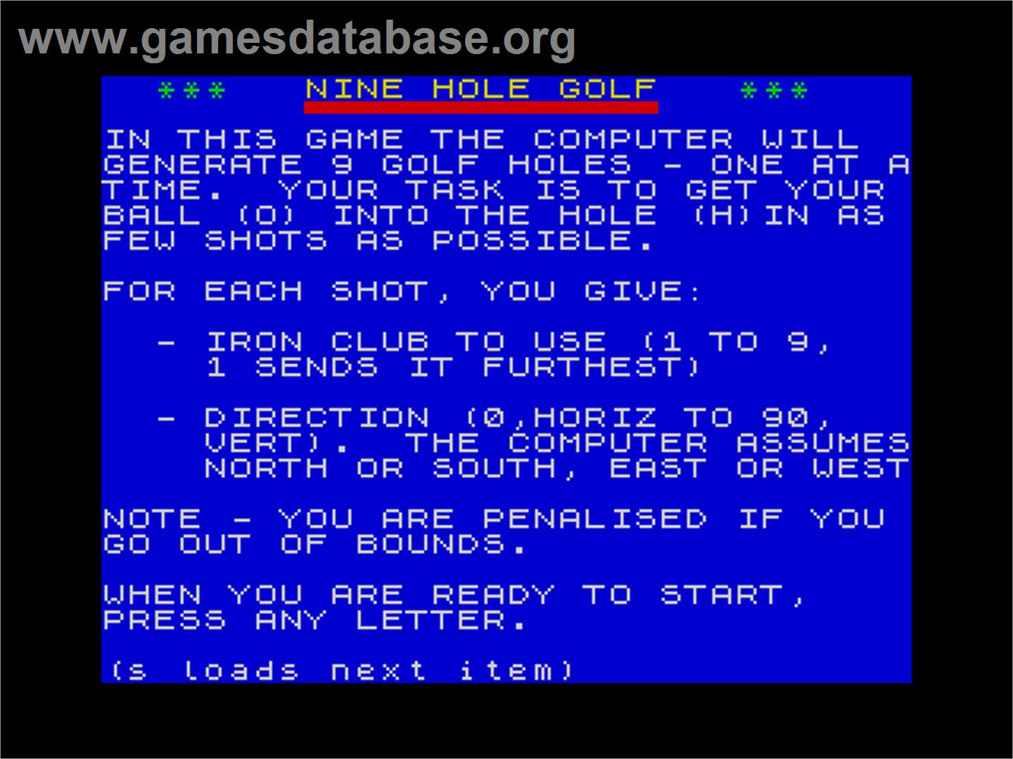 Nine Hole Golf - Sinclair ZX Spectrum - Artwork - Title Screen
