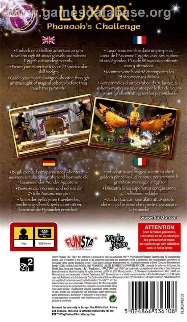 Luxor Pharaoh's Challenge - Sony PSP - Artwork - Box Back