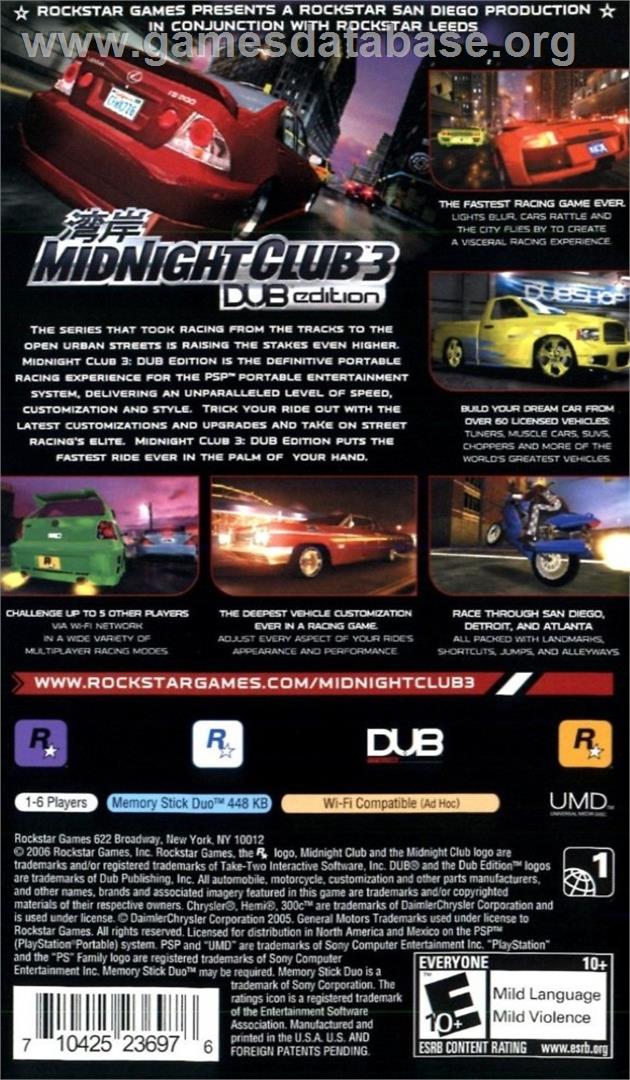 Midnight Club 3 - Dub Edition - Sony PSP - Artwork - Box Back