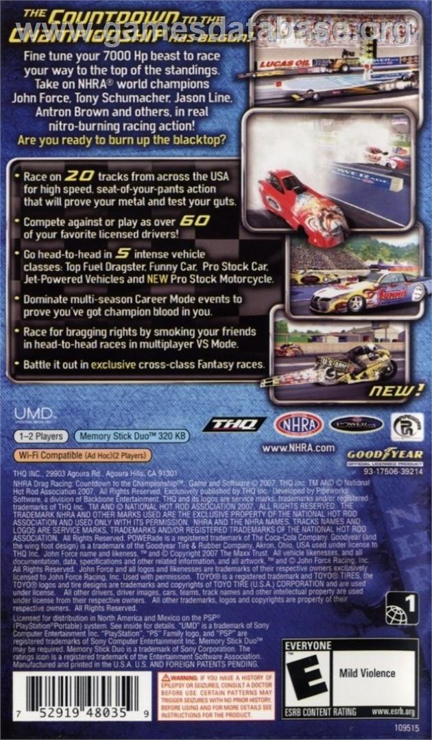 Nhra Drag Racing - Countdown To The Championship - Sony PSP - Artwork - Box Back
