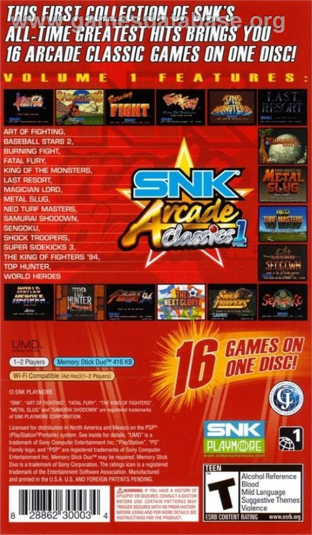 Snk Arcade Classics Volume 1 - Sony PSP - Artwork - Box Back