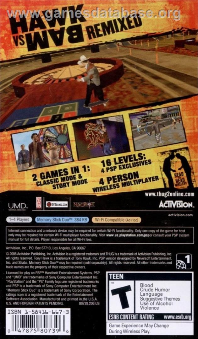 Tony Hawk's Underground 2 - Remix - Sony PSP - Artwork - Box Back