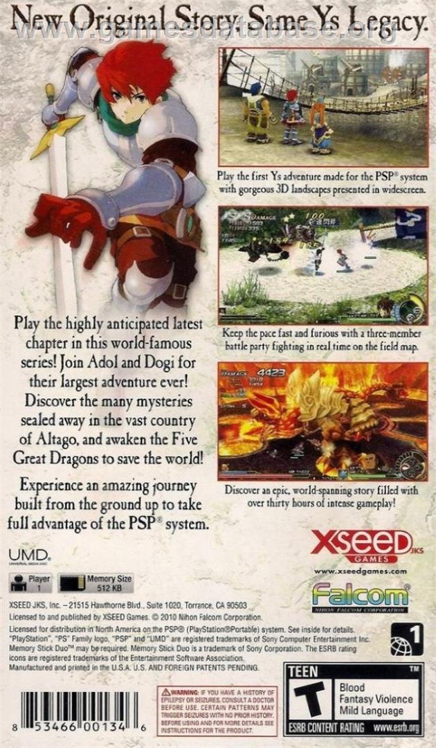 Ys Seven - Sony PSP - Artwork - Box Back