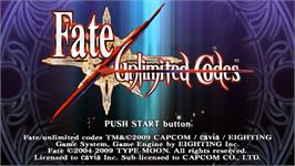 Title screen of Fate/unlimited Codes on the Sony PSP.