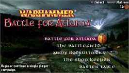 Title screen of Warhammer: Battle for Atluma on the Sony PSP.