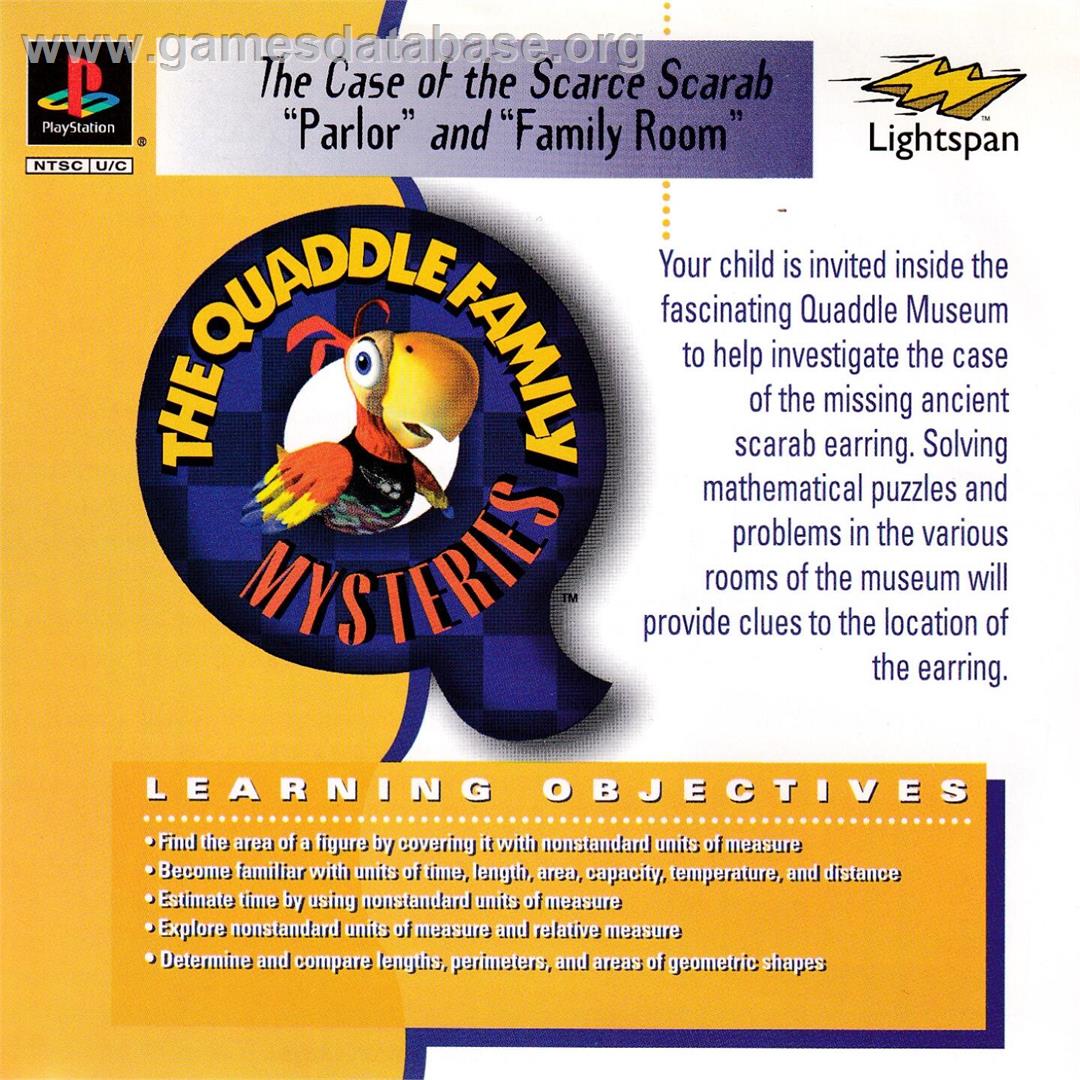Lightspan - The Quaddle Family Mysteries 3 - The case of the Scarce Scarab - Parlor - Family Room - Sony Playstation - Artwork - Box