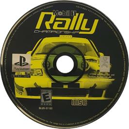 Cartridge artwork for Mobil 1 Rally Championship on the Sony Playstation.