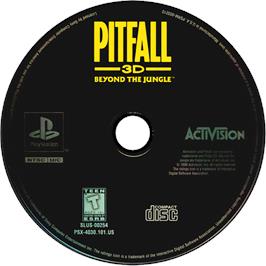 Cartridge artwork for Pitfall 3D: Beyond the Jungle on the Sony Playstation.