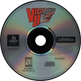 Cartridge artwork for Vigilante 8 on the Sony Playstation.