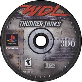 Cartridge artwork for World Destruction League: Thunder Tanks on the Sony Playstation.