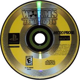 Cartridge artwork for Worms Armageddon on the Sony Playstation.