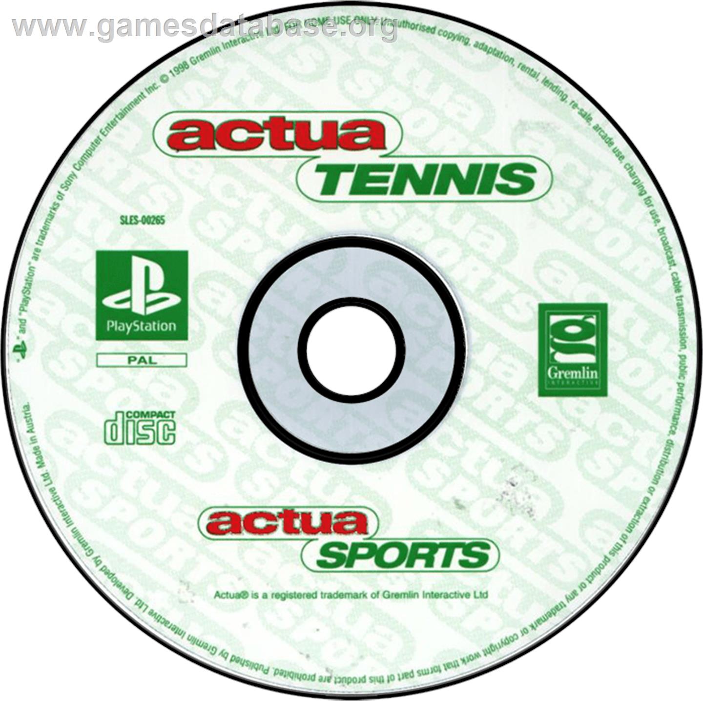 Actua Tennis - Sony Playstation - Artwork - Disc