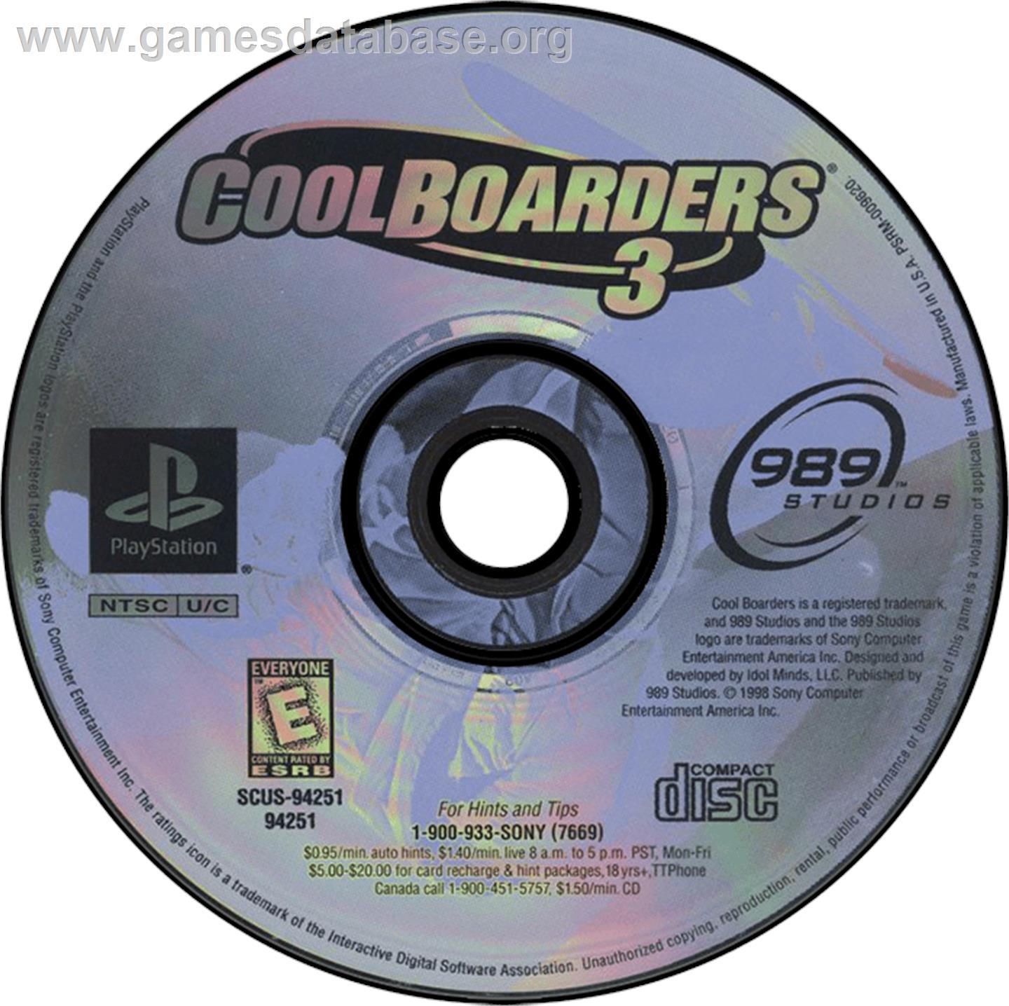 Cool Boarders 3 - Sony Playstation - Artwork - Disc