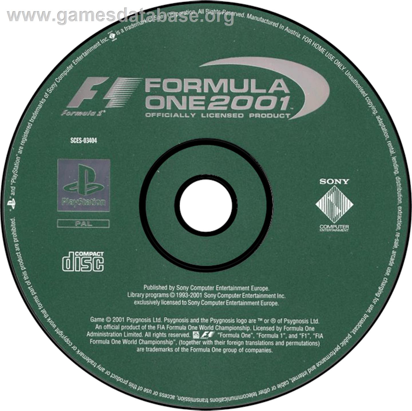 Formula One 2001 - Sony Playstation - Artwork - Disc