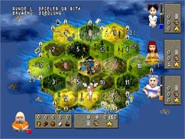 In game image of Catan: Die Erste Insel on the Sony Playstation.