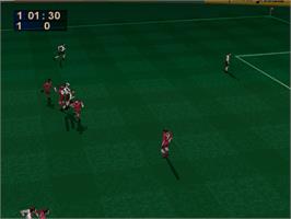 In game image of FIFA 97 on the Sony Playstation.