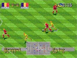 In game image of International Superstar Soccer Deluxe on the Sony Playstation.
