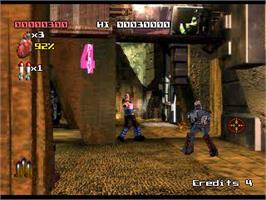 In game image of Judge Dredd on the Sony Playstation.