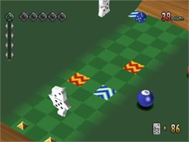 In game image of No One Can Stop Mr. Domino on the Sony Playstation.