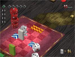 In game image of No One Can Stop Mr. Domino on the Sony Playstation.