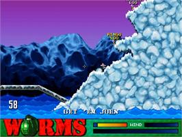 In game image of Worms on the Sony Playstation.