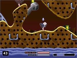 In game image of Worms Armageddon on the Sony Playstation.
