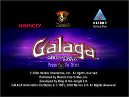 Title screen of Galaga - Destination Earth on the Sony Playstation.