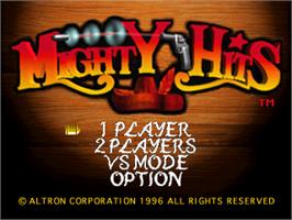 Title screen of Mighty Hits on the Sony Playstation.