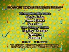 Title screen of Motor Toon Grand Prix on the Sony Playstation.