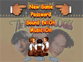 Title screen of Three Stooges, The on the Sony Playstation.