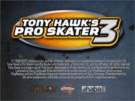 Title screen of Tony Hawk's Pro Skater 3 on the Sony Playstation.