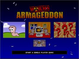 Title screen of Worms Armageddon on the Sony Playstation.